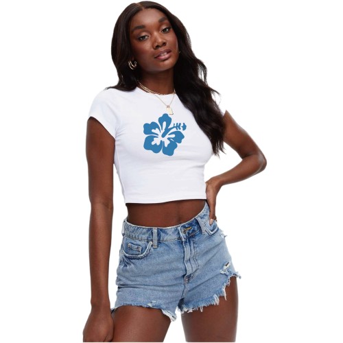 impiad White Flower Graphic T-Shirt for Women – Artistic and Comfortable Crew Neck Tee